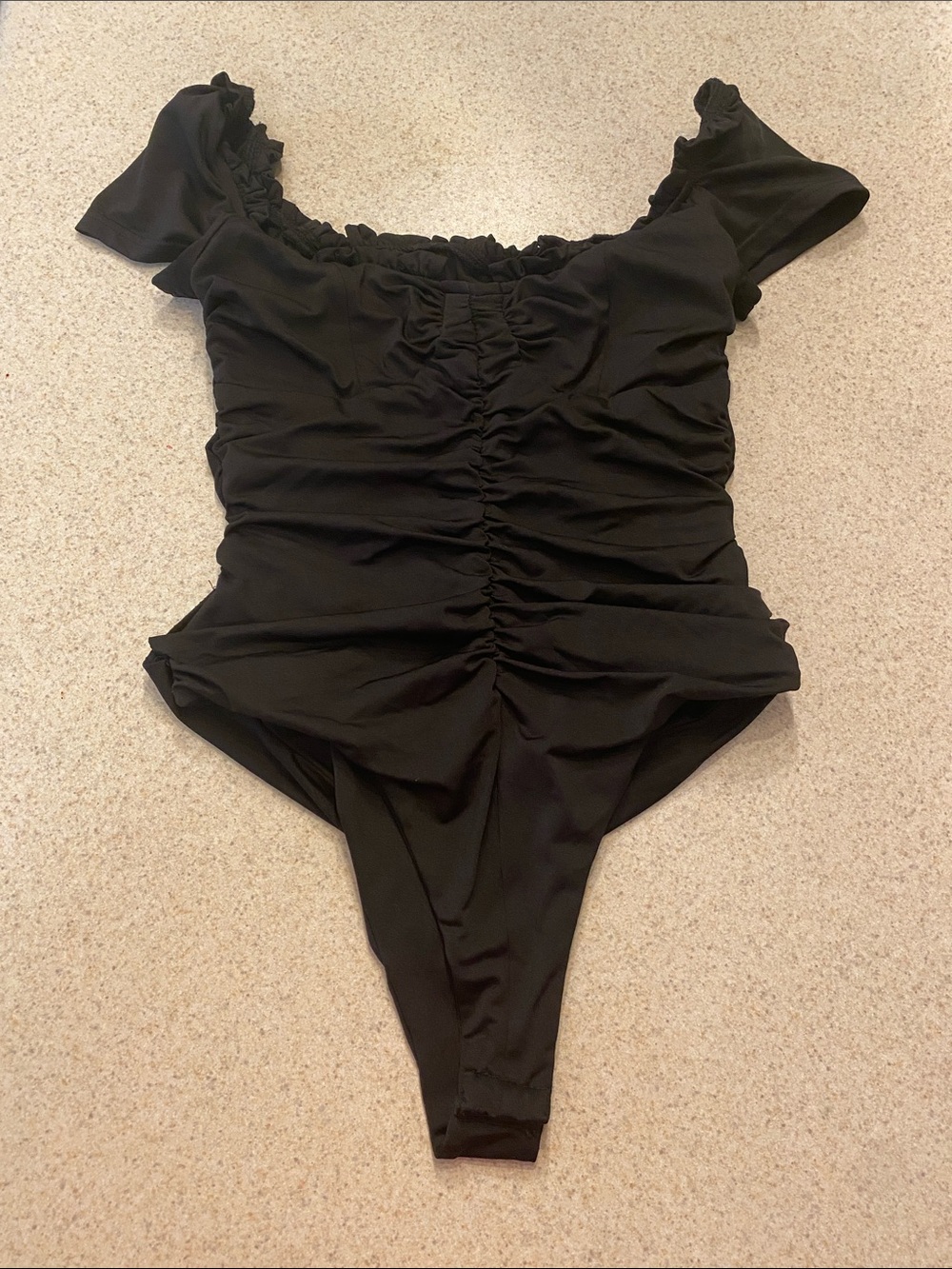 Princess Polly Black Short Sleeve Bodysuit Sz 4 Ruffled and Ruched